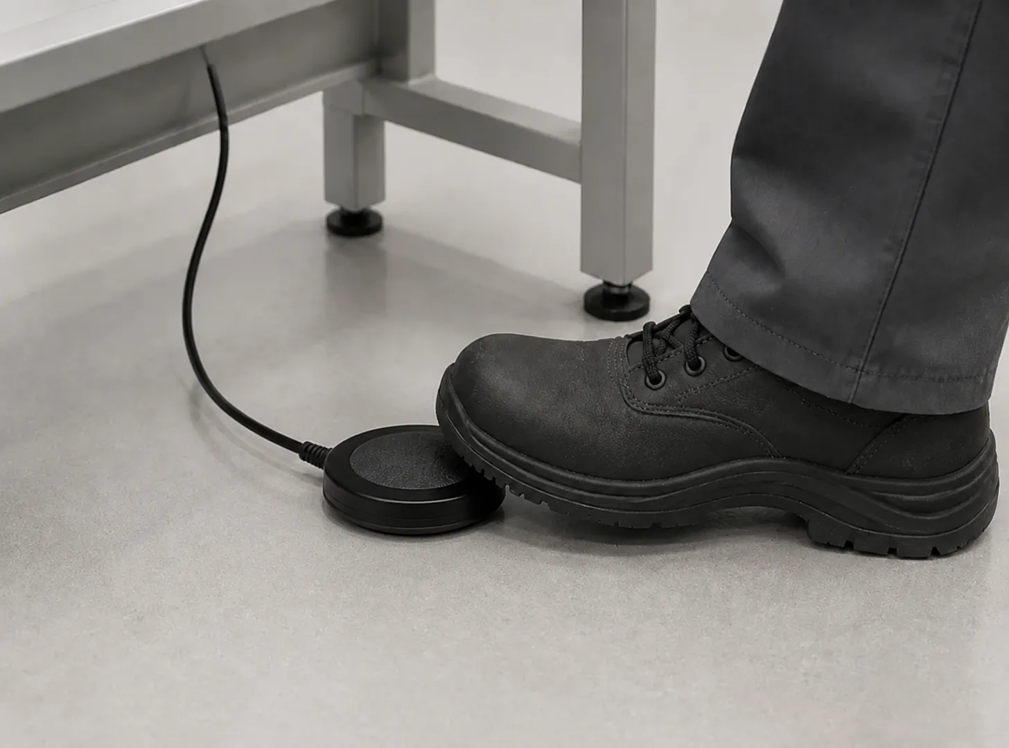 フットスイッチを踏んでAI検査を開始する様子