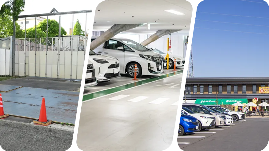 工場や建設現場、店舗駐車場、道の駅の写真