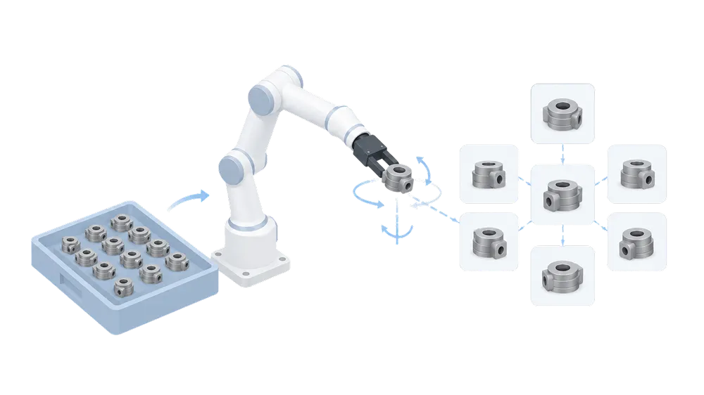 トレーから製品を拾い上げて複数面を検査するロボット